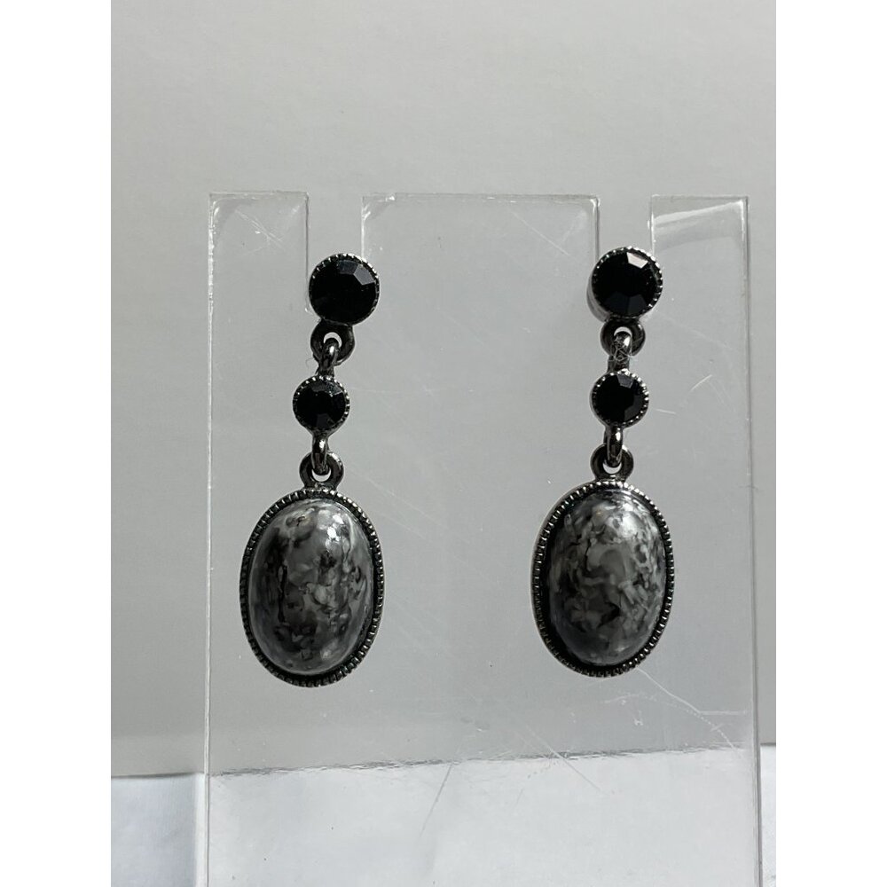 Vintage Black & Gray Dangle Earrings With Faux Stone Design